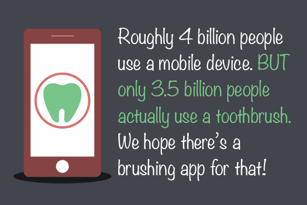 Cartoon drawing of a mobile phine wiht a tooh on the screen to illustrate the fun fact about toothbrushes is that 4 billion people use a mobile device while only 3.5 billion use a toothbrush!